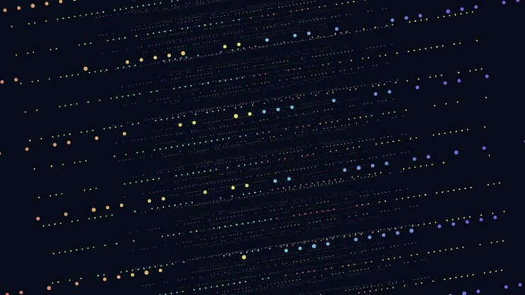 A vibrant grid of colored dots on a black background creates an eye-catching pattern. Each dot is uniquely colored and placed meticulously, forming a captivating design
