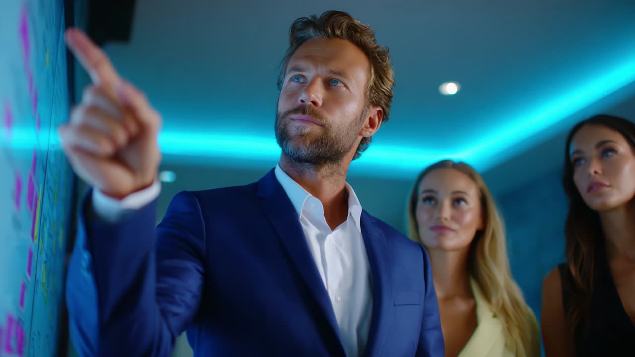 A focused professional leads a strategic discussion in a modern office setting, engaging team members with captivating insights as they collaborate on innovative ideas and project planning on a digital board