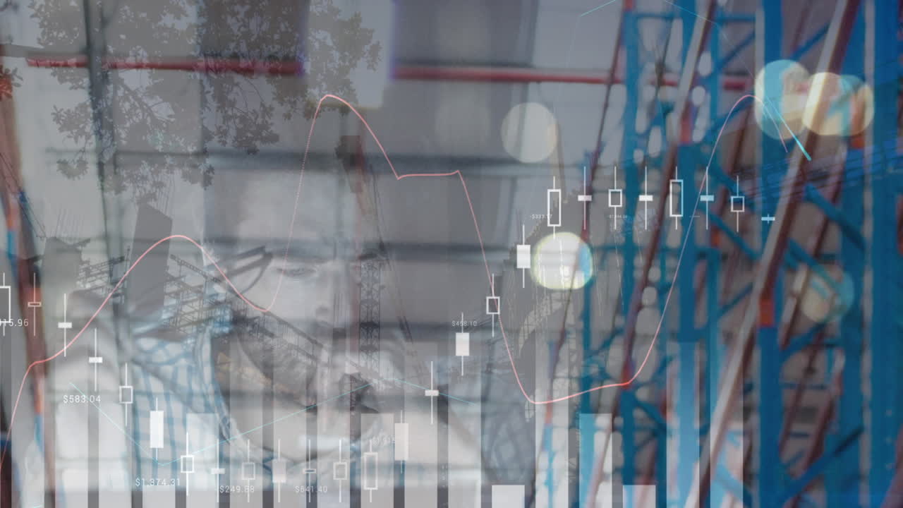 animación del procesamiento de datos financieros sobre el empresario y el almacén