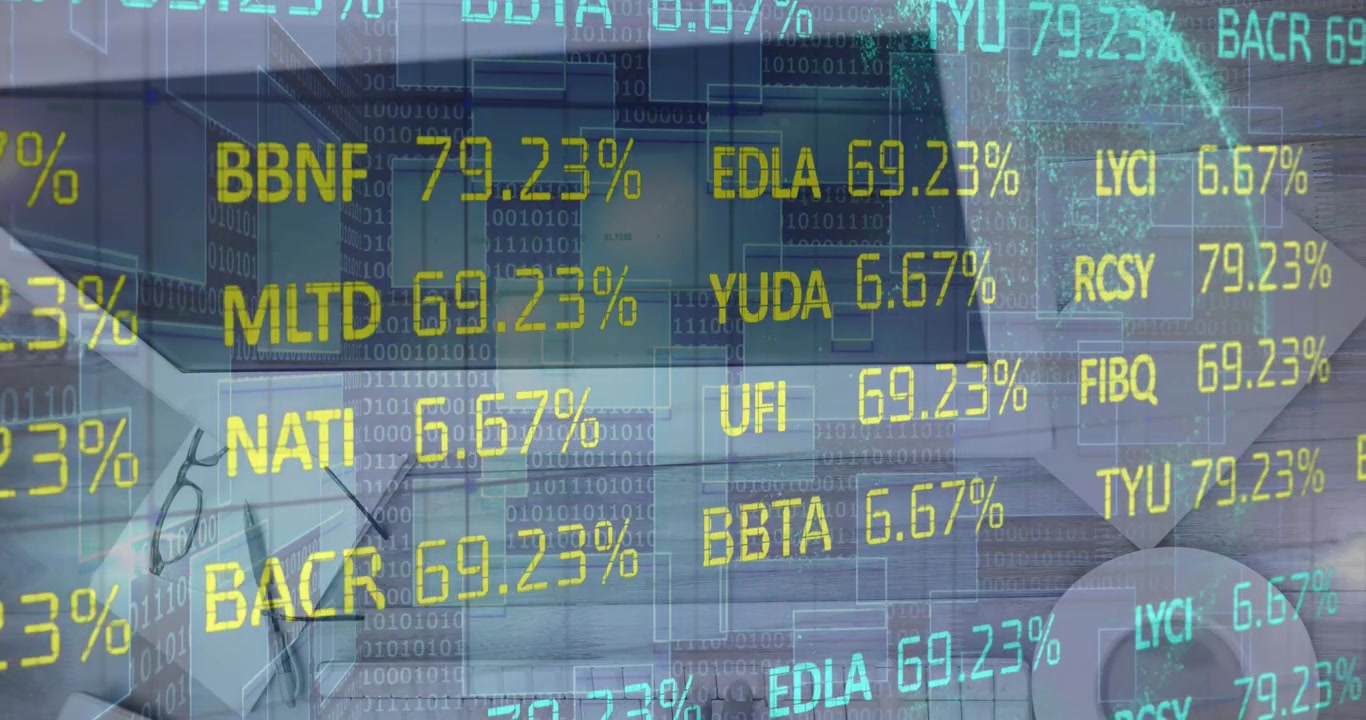 Animation of stock market data processing and globe over office equipment on wooden surface