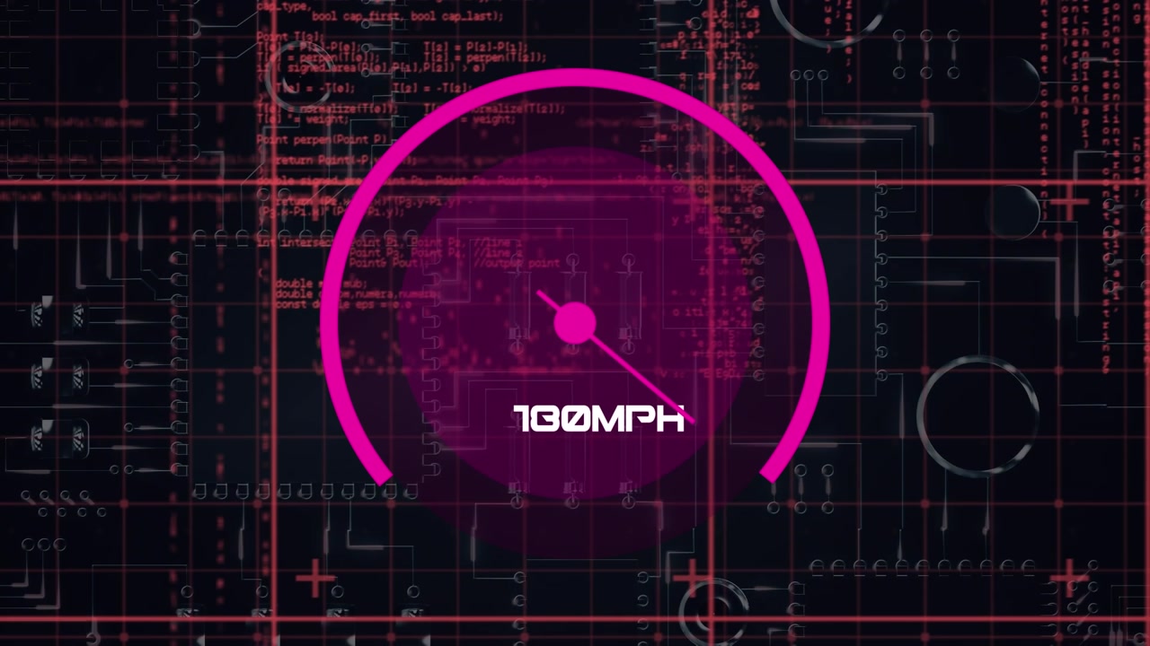 Animation of speedometer over data processing on black digital screen