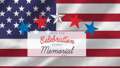 animation of memorial day text over flag of america