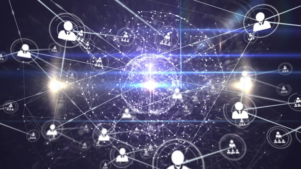 Animazione di una rete di connessioni con icone su sfondo blu navy.