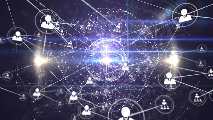 Animation of network of connections with icons on navy background
