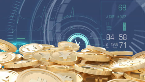 animación de monedas de reloj y yenes a través del procesamiento de datos