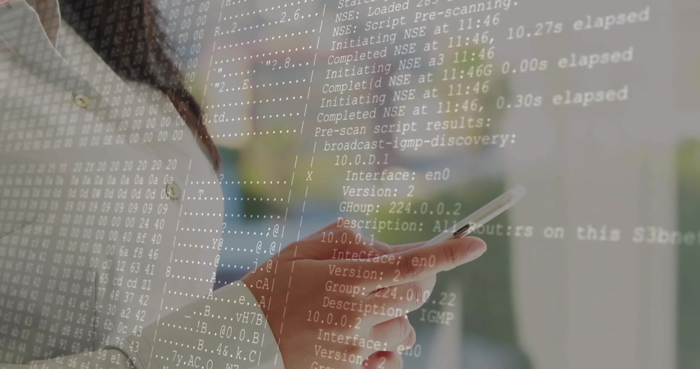 businesswoman scrolling phone initiating IT network scan with code overlay for monitoring