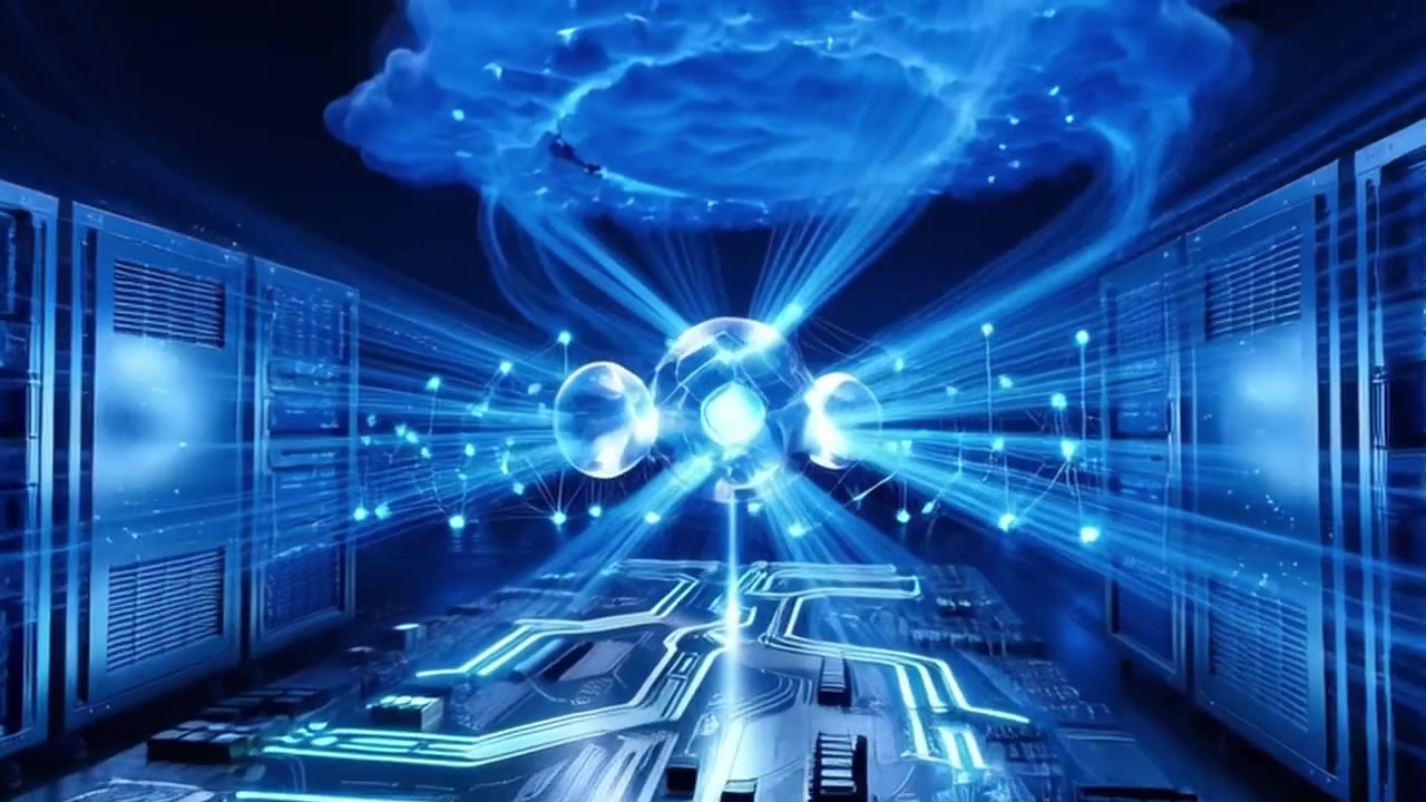 Digital Cloud Computing Infrastructure with Glowing Data Network and Server Racks