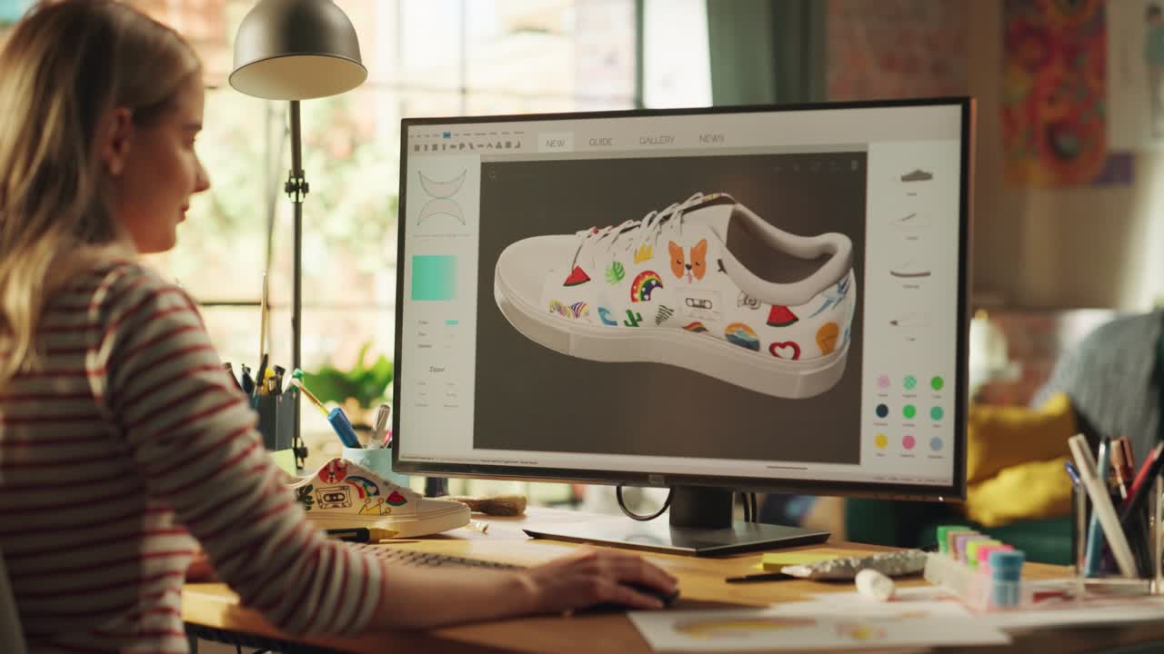 diseñadora adolescente progresista elige colores y patrones mientras modela zapatos 3d en su computadora de escritorio profesional. mujer creando, diseñando un nuevo modelo 3d en programa cad. trabajo independiente