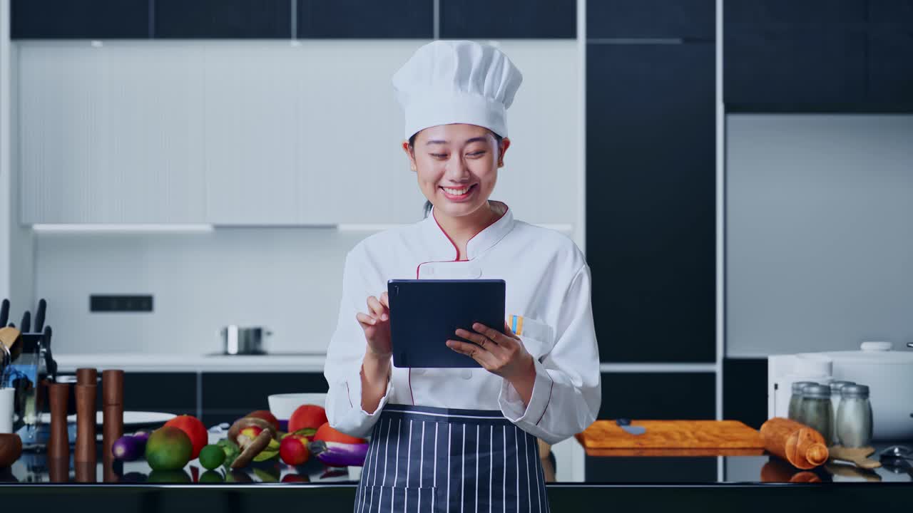 mujer chef asiática sonriendo y señalando a la tableta en su mano en la cocina de casa