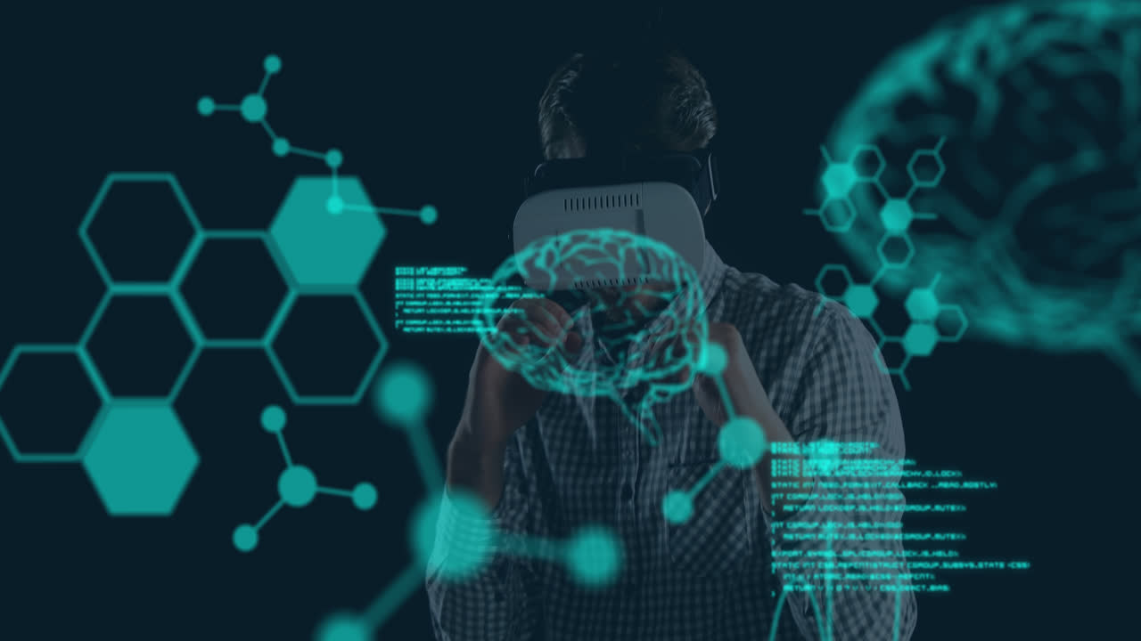 Animation of human brains spinning and data processing over businessman wearing vr headset