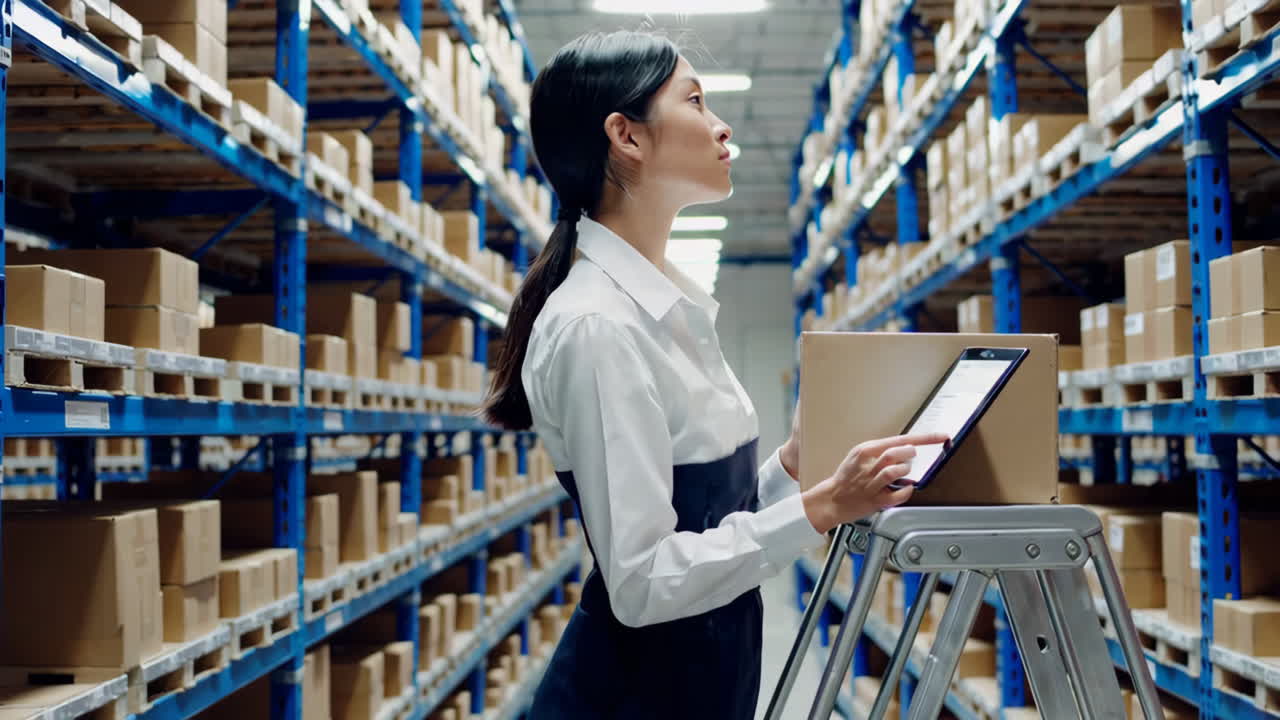 mujer usando tableta en un almacén