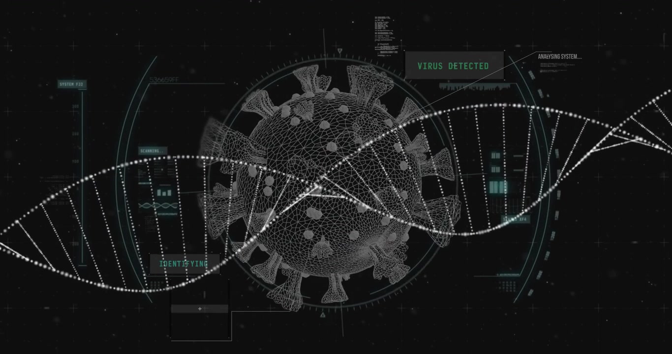 Drifting particles converging into pulsing helix around rotating virus visualizing detection data