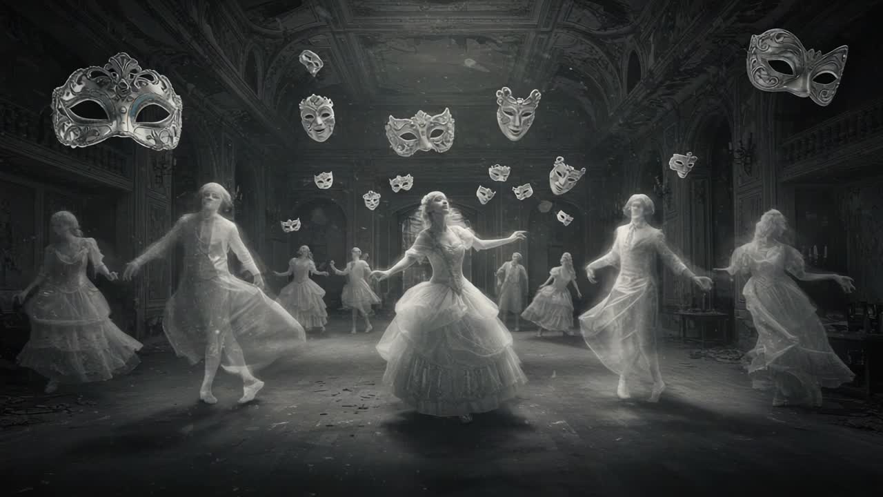 Ethereal Dance: A Hauntingly Beautiful Ball of Spectral Figures Adorned in Elegant Costumes and Mysterious Masks Captured in a Grand, Abandoned Hall