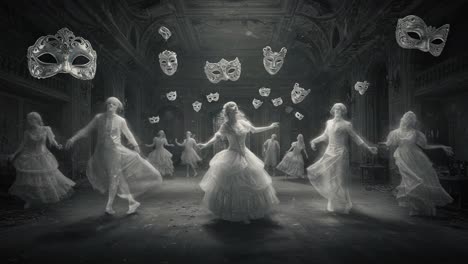 ethereal dance: a hauntingly beautiful ball of spectral figures adorned in elegant costumes and mysterious masks captured in a grand, abandoned hall