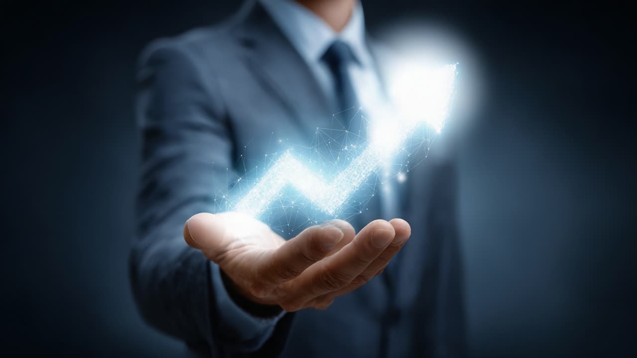 A professional in a suit holds out a glowing, upward-pointing graph symbolizing growth, success, and progress in a dynamic business environment
