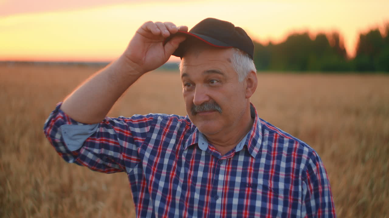 retrato de un granjero adulto en un campo de grano mirando a la cámara y sonriendo al atardecer. el conductor del tractor se quita la gorra y mira a la cámara en cámara lenta