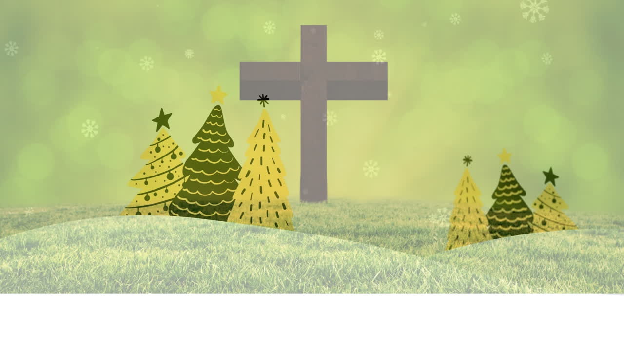 Christmas trees and cross over snowy landscape with snowflakes animation