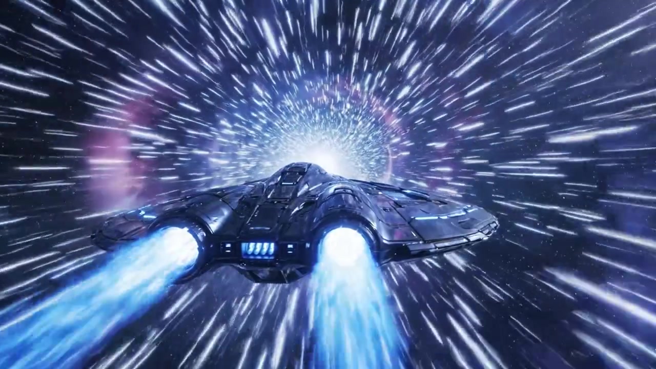 En betagende rejse gennem kosmos udfolder sig, mens et elegant rumskib accelererer til warphastighed, der afslører imponerende visuelle effekter og stjerneklare baggrunde i det dybe rum