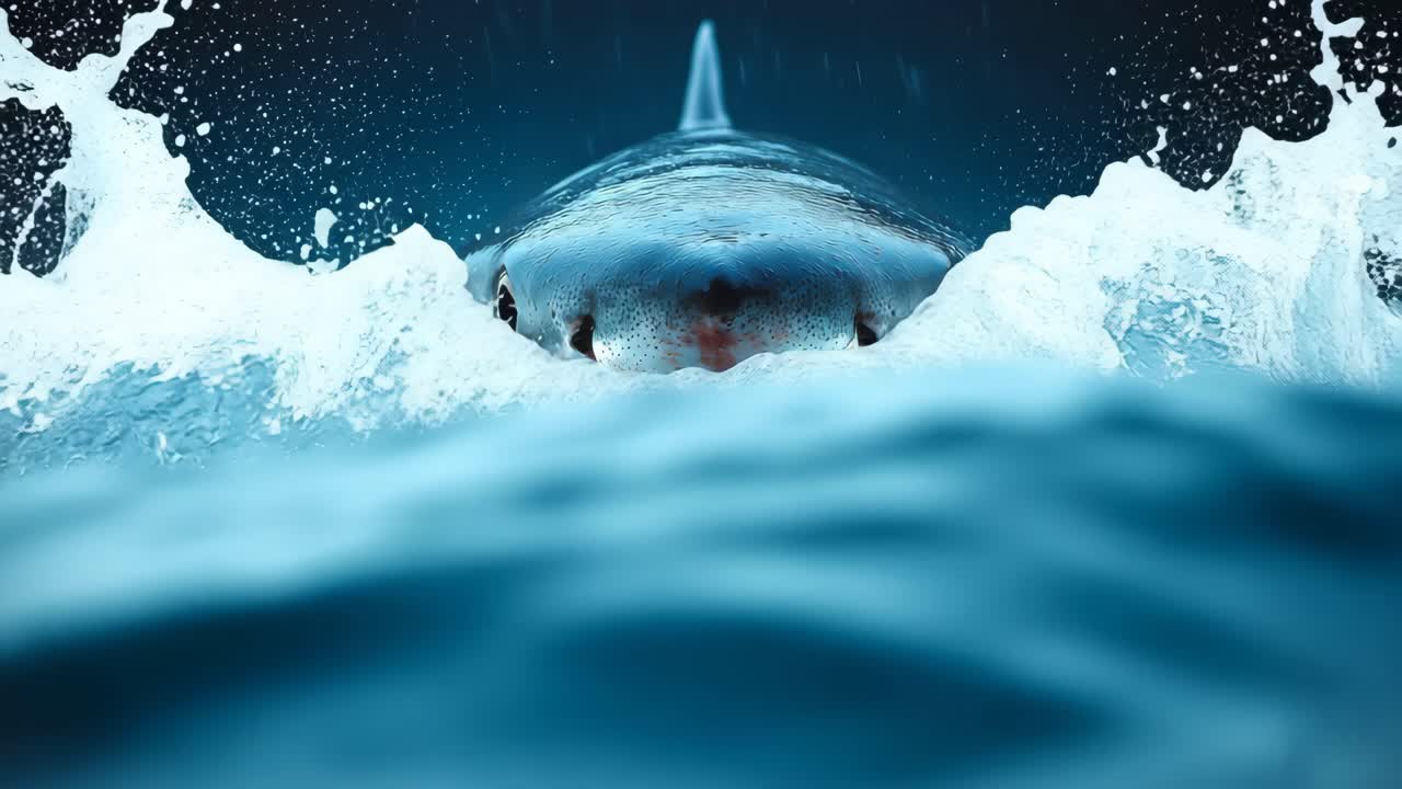 Shark surfaces in ocean waves at dusk. A shark emerges from the water, splashing as waves crash around it during twilight, showcasing its powerful presence.