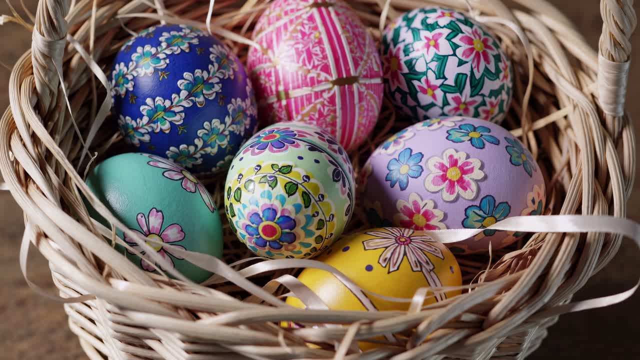 Decorated easter eggs with various floral patterns and colors rest in a wicker basket filled with straw, creating a festive spring arrangement