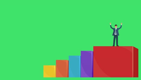 un hombre de negocios, empresario o ejecutivo de ventas escalando con un gráfico de barras de crecimiento en varios colores y 4k en un fondo de pantalla verde para personalización-1