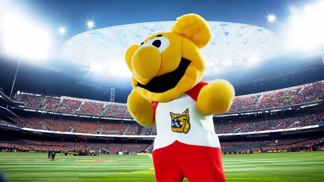 사랑스러운  마스코트가 축구 경기에서 환호하고 있다