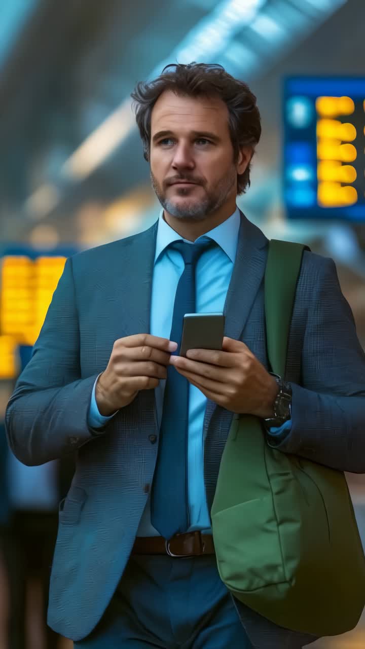 Adult male with cellphone at a transport station, travel and tourism concept
