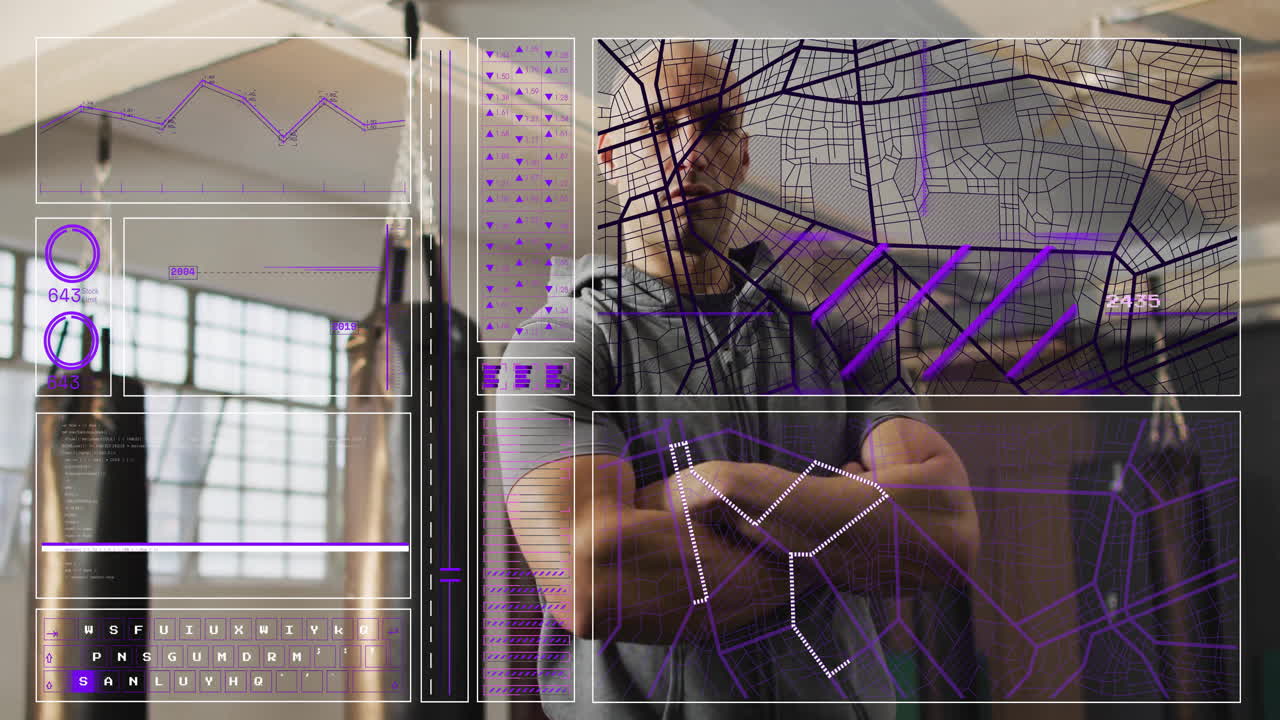 Using smartphone, person interacting with digital interface and animation of graphs