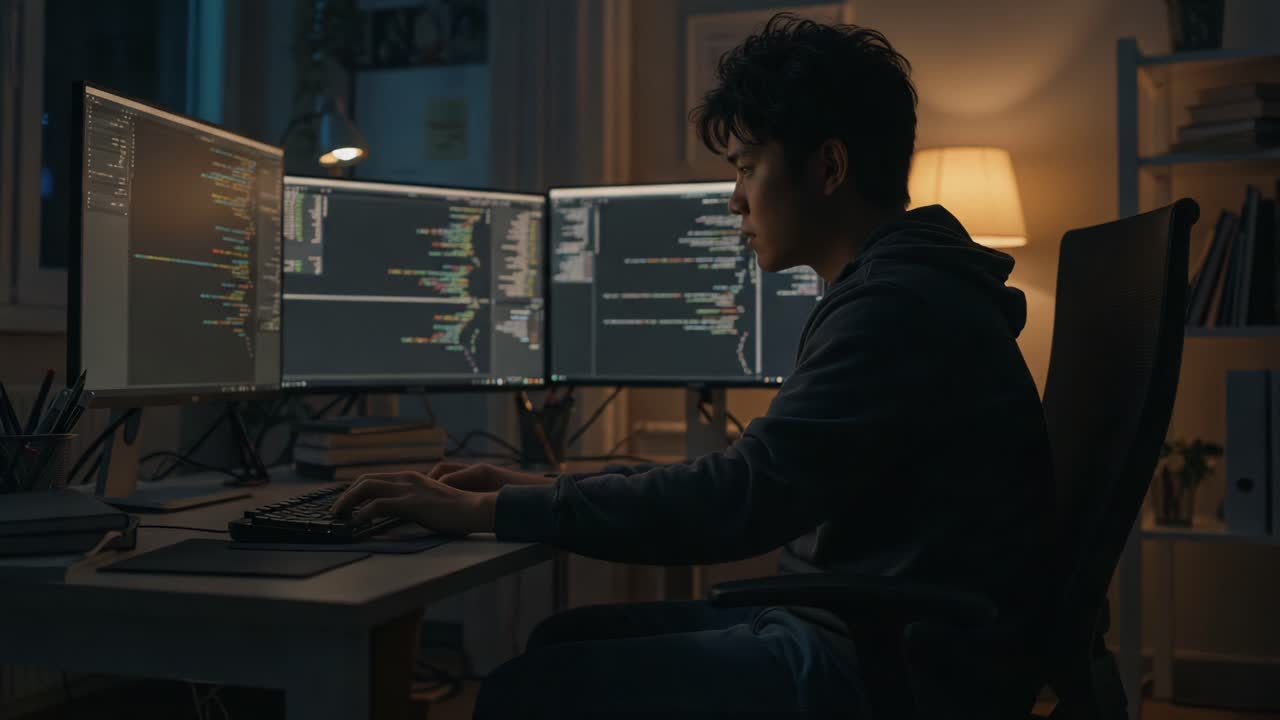 Focused Programmer Working Late at Night on Multiple Monitors, Engaged in Complex Coding While Illuminated by Warm Desk Lamp Light