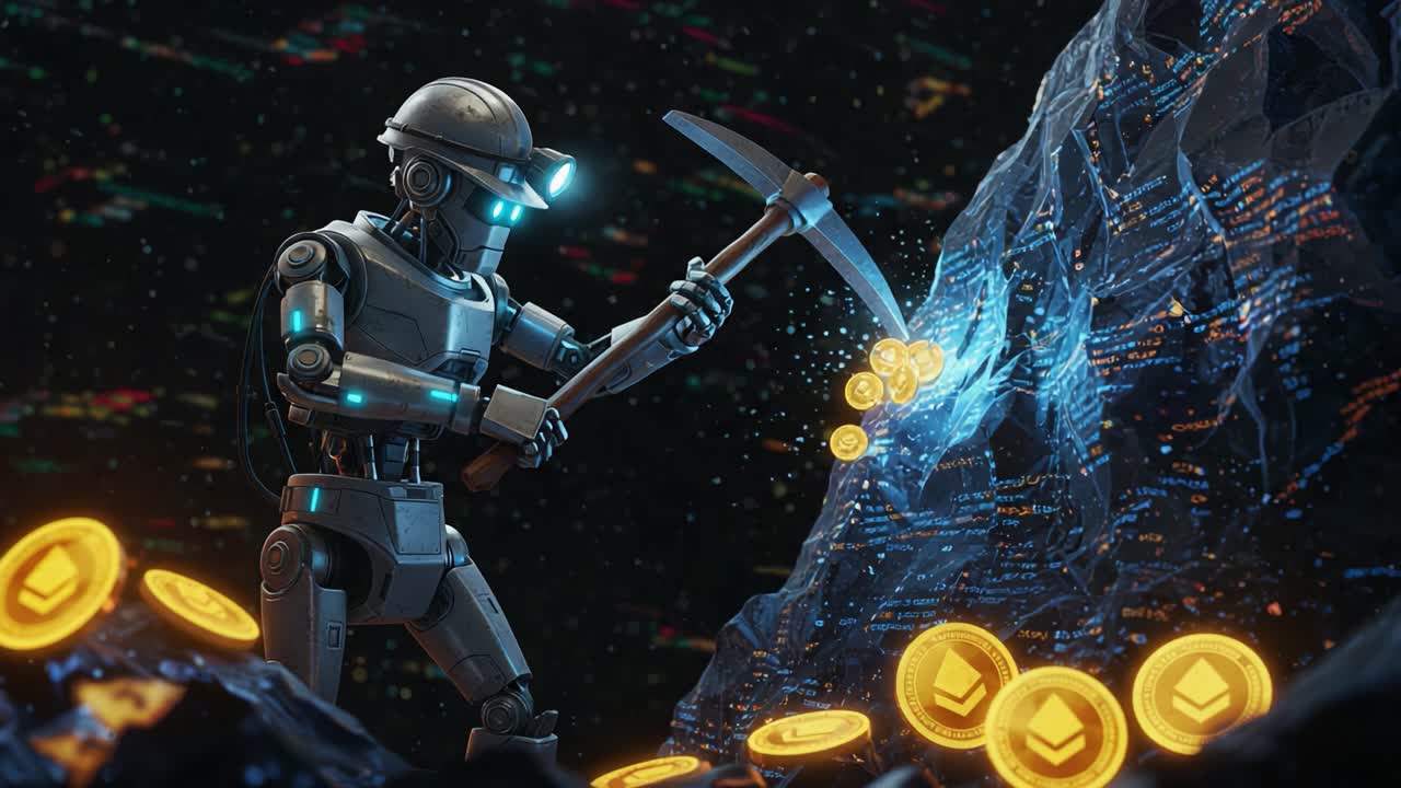 A futuristic robotic miner skillfully extracts digital currency from a vibrant virtual landscape, illuminated by technological elements and glowing coins in a cybernetic environment
