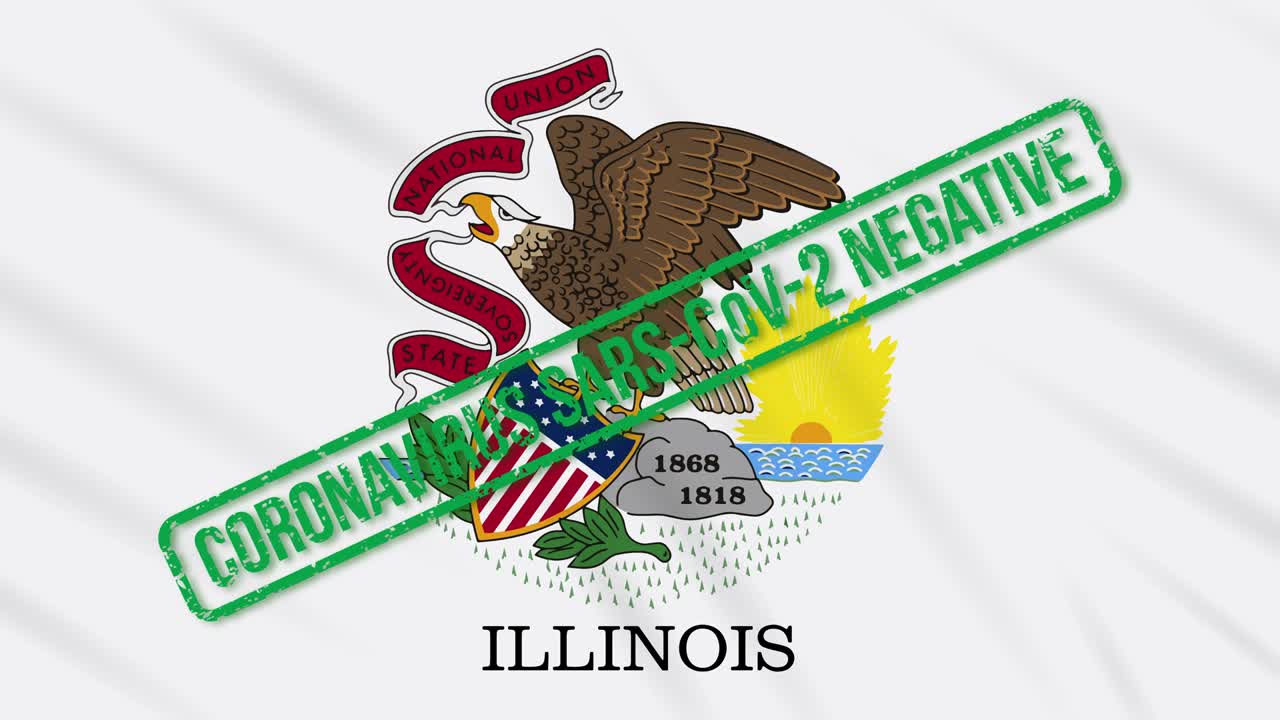 el estado de illinois, estados unidos, ondeando una bandera con un sello verde de libertad del coronavirus, bucle