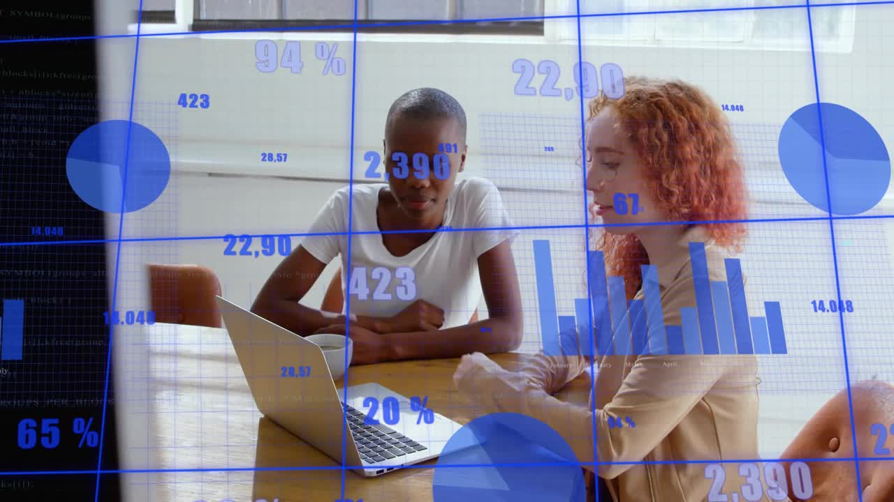 Red-haired colleague gesturing to laptop starting tech review with animated chart highlighting data