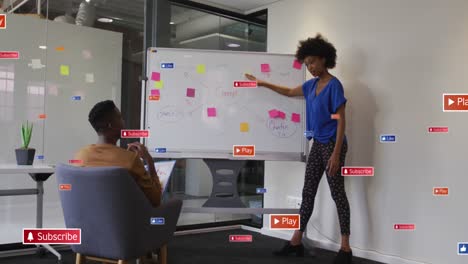 animation of social media icons and data processing over african american businesswomen in office