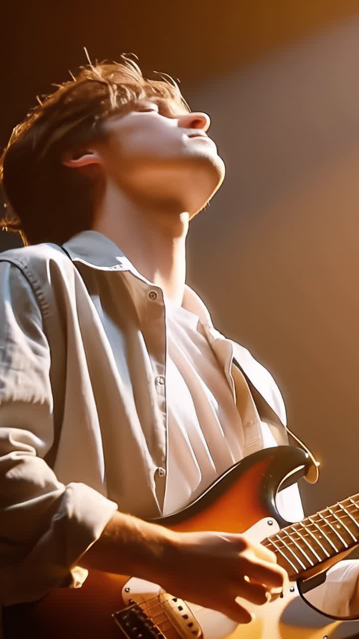 A mesmerizing performance captured in two frames, showcasing a guitarist immersed in music, with a dramatic play of light highlighting the musician's profile