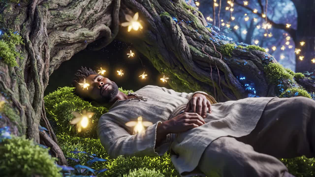 Mann som sover fredelig i en magisk skog