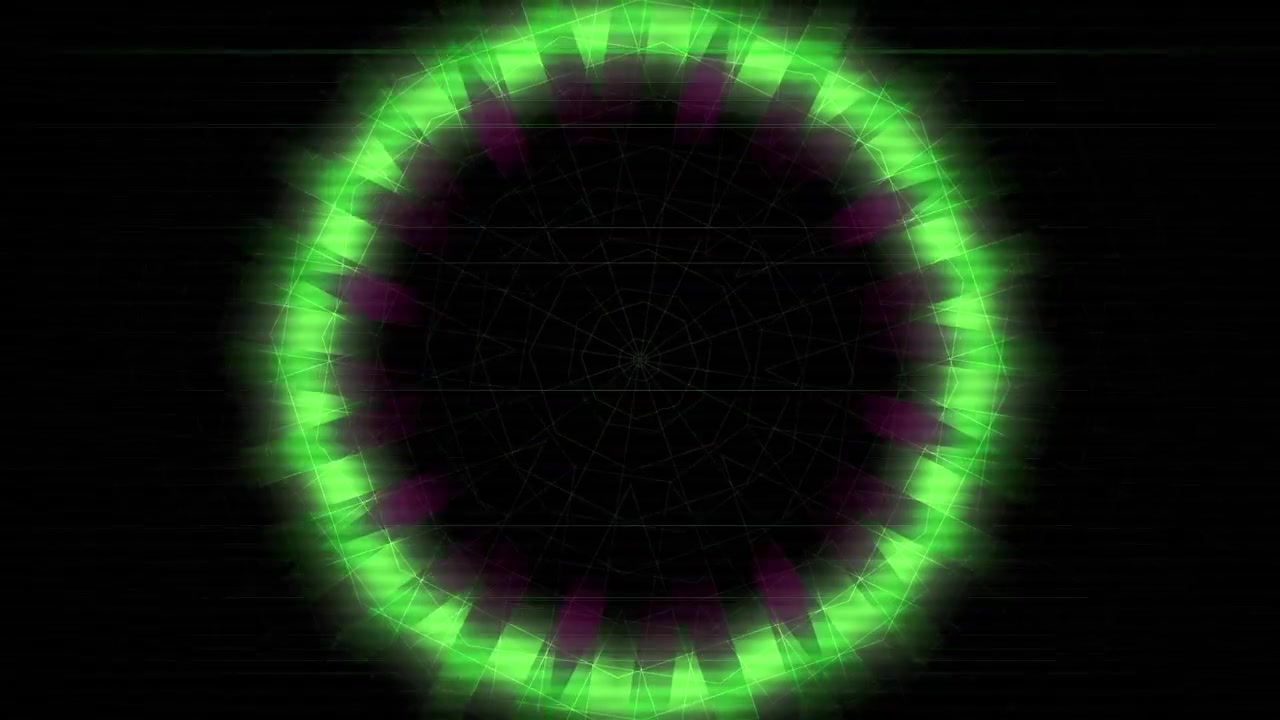 Forma Ottagonale Geometrica Verde Pulsante su Sfondo a Griglia Scura