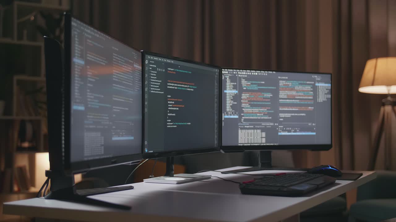 estación de trabajo de desarrollador por la noche con configuración de monitor triple
