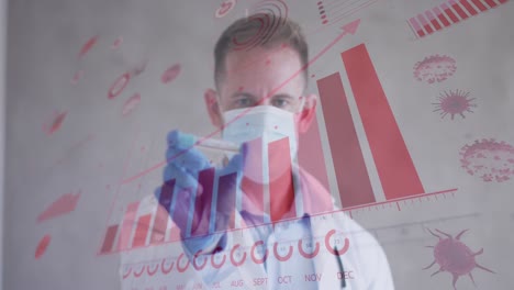 Animation-of-digital-interface-showing-statistics-with-masked-male-doctor-holding-vaccine