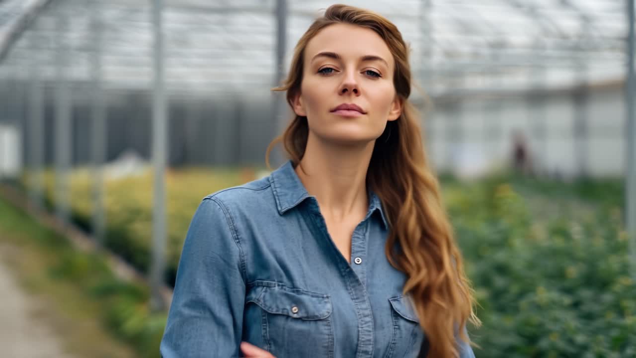 Selvsikker ung kvinde poserer og går i et drivhus