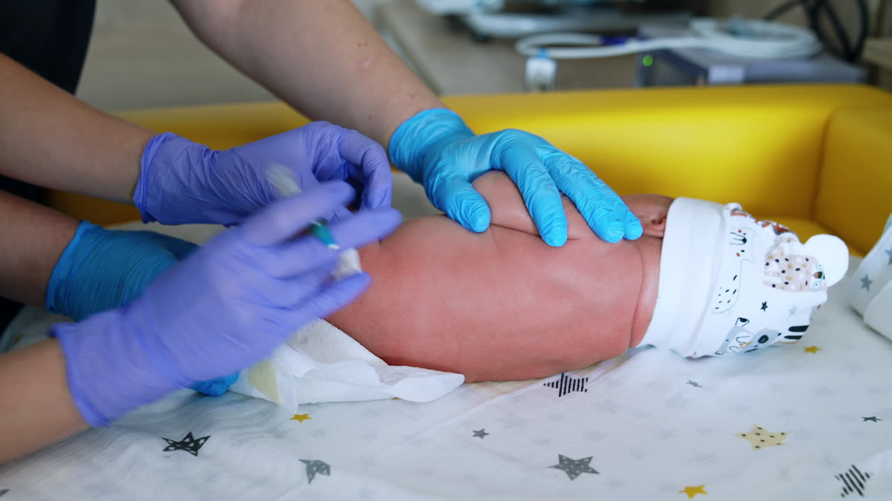 Giving a shot to a little newborn Caucasian baby. Nurse in gloves prepares the syringe and other pair of gloved hands is holding a child. Close up.