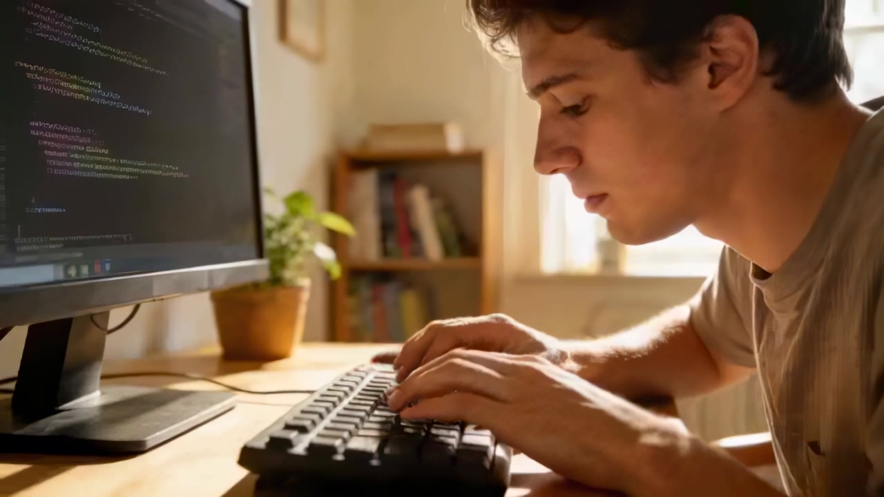 Hands landing on keyboard, typing man in short-sleeve T-shirt reading code on monitor, working