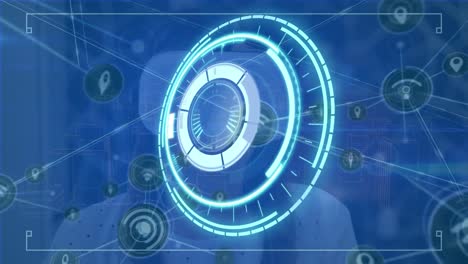 animación de escáner redondo de neón y red de iconos digitales sobre una mujer que usa auriculares vr