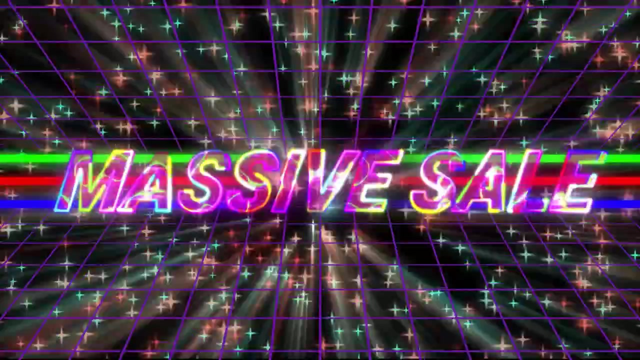 Raggi radiali che esplodono dal centro rivelando una GRANDE VENDITA che riempie barre neon RGB scorrendo e promuovendo la vendita