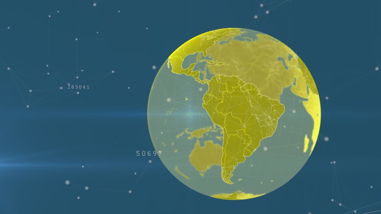 Animazione di un globo rotante su una rete di connessioni e un punto luce su sfondo blu.
