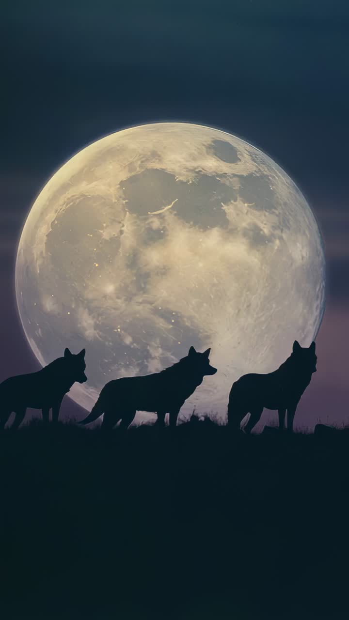 Vertical video: Moving three wolf silhouettes across ridge under rising full moon, clouds drifting