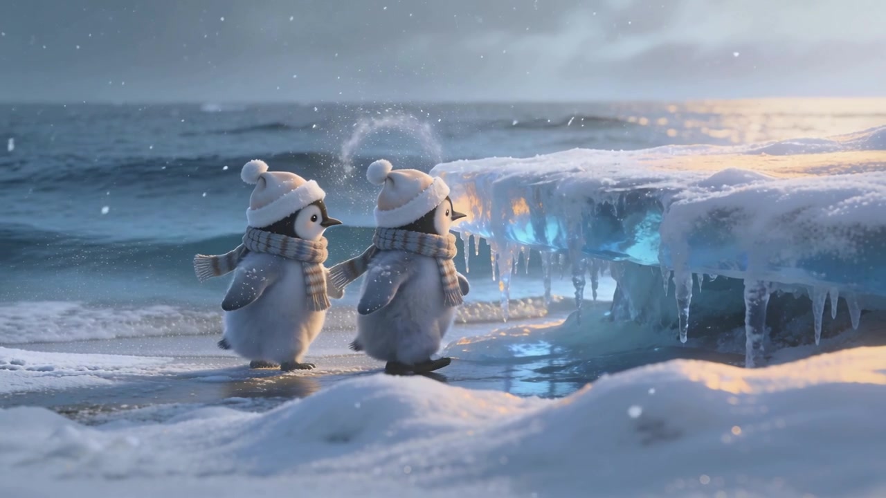 Waddling penguin chicks in hats scarves, glowing ice drawing toward snowy shore shelf, copy space