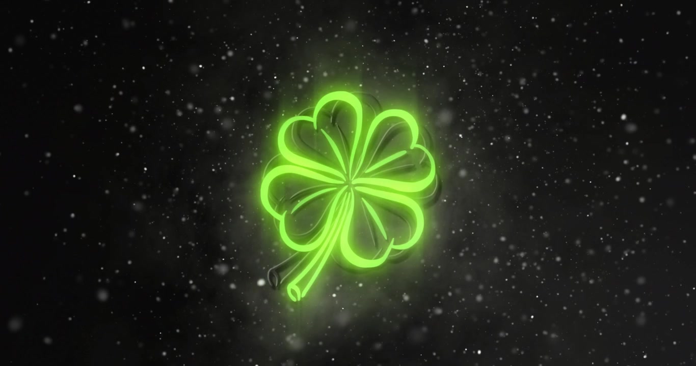 Specks appearing, four-leaf clover emblem being traced in neon green, pulsing halo to accent it