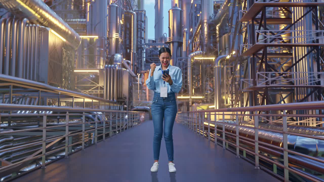 Full Body Of An Asian Female Professional Worker Standing With Her Smarphone At A Vast Oil Refinery, She Raises Her Fist Up With Screaming Goal