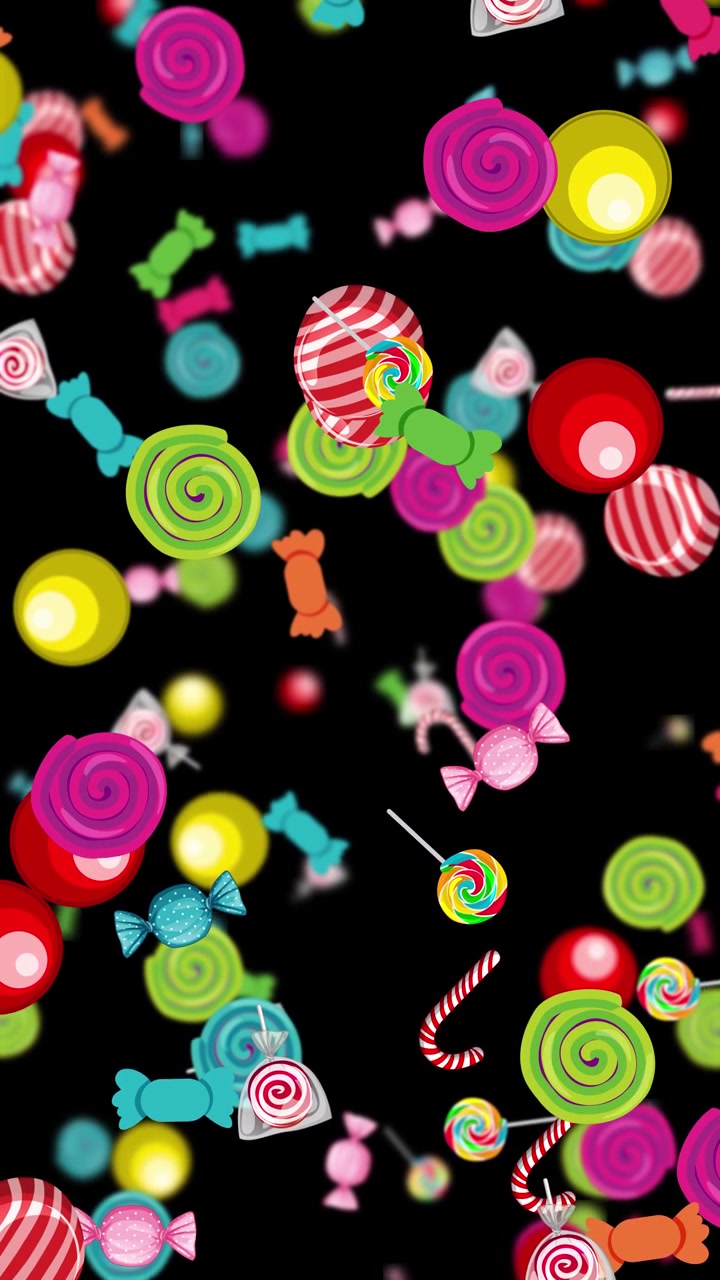 Colorful candies cascade against a dark backdrop, creating a lively and whimsical visual experience
