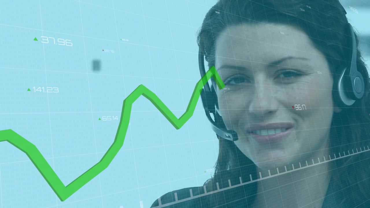 Animazione di grafici e dati finanziari sovrapposta a una consulente caucasica.